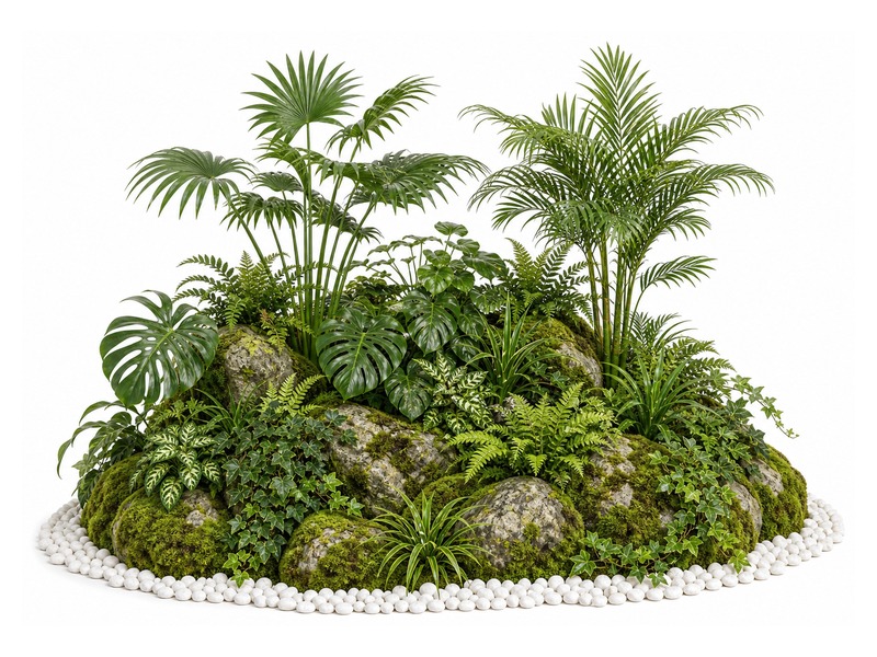 Fern and tropical foliage wall