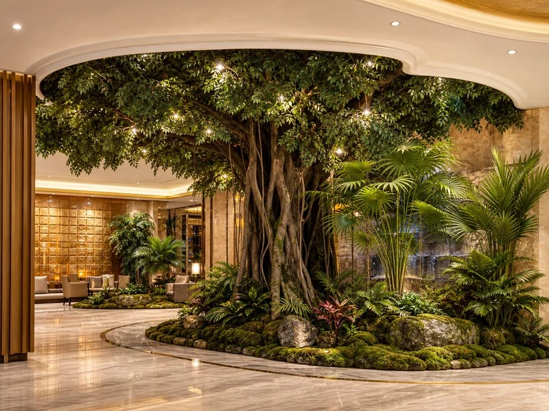 Artificial blossom and tropical trees in a hotel lobby atrium