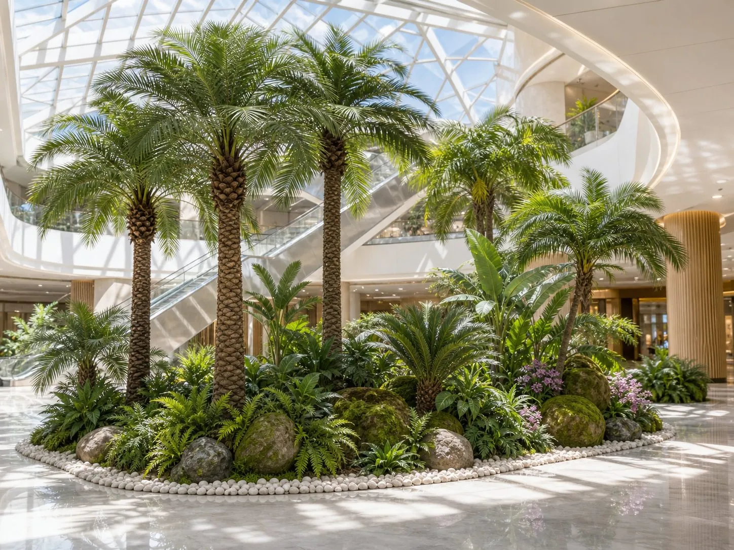 Large-scale artificial palm installation in a commercial mall atrium